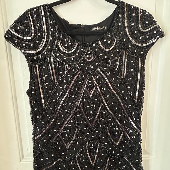 Pretty Guide 2XL Black Bead Silver Sequin Dress Cap Sleeve Fringe Bottom Lined - Picture 7 of 16